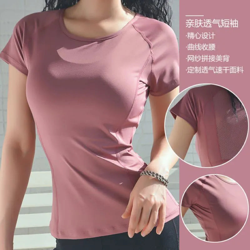 Ladies Sportswear Mesh Stitching Short-Sleeved Sports T-Shirt Women Yoga Tops Running Fitness Clothes Factory Ready Stock