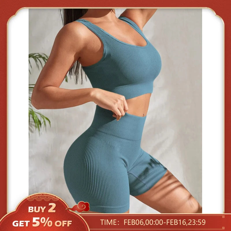 Seamless Ribbed Yoga Sets Workout Sets for Women 2 Pieces Gym Suits Ribbed Crop Tank High Waist Shorts Outfits Fitness Running