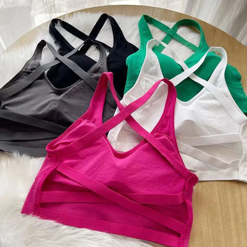 Summer Fashion Sexy Crop Top Women Bra Hollowed Back Cross Strap Yoga Sports Bra Breathable Underwear Female Fitness Vest